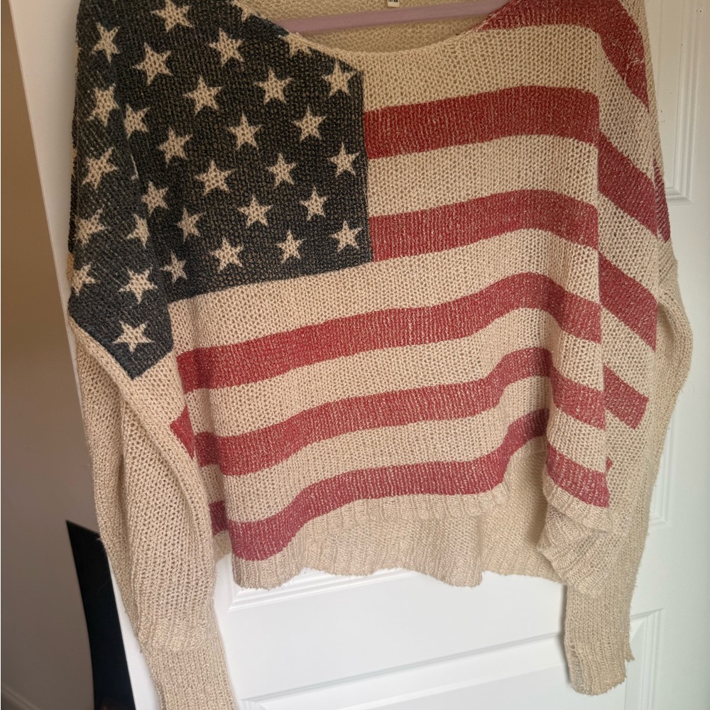 Miracle Off-the-Shoulder Flag Sweater - Red, Blue, Cream